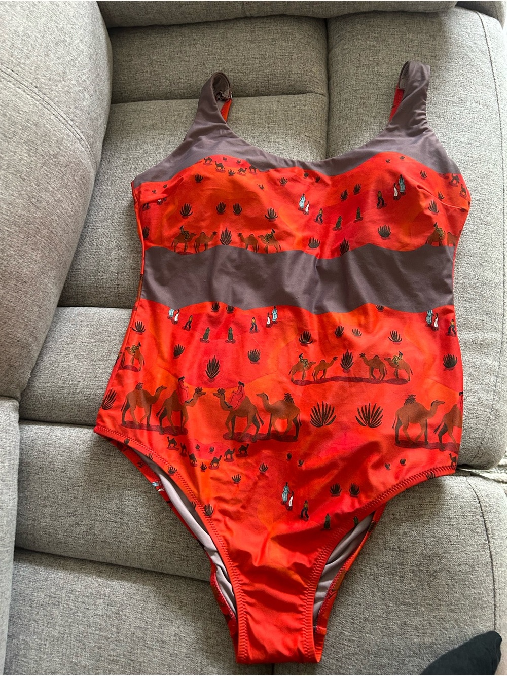 Red/Orange Camel Print One-Piece Swimsuit with gray Accents NWOT